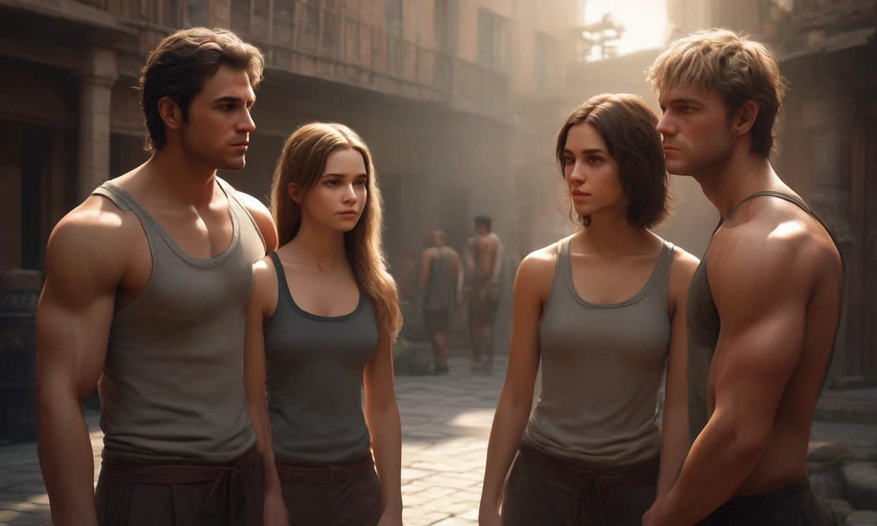 The courtyard of the Fantasy Academy, morning. A group of confused teenage girls in simple sportswear huddle together, their faces frozen in confusion and slight embarrassment.…