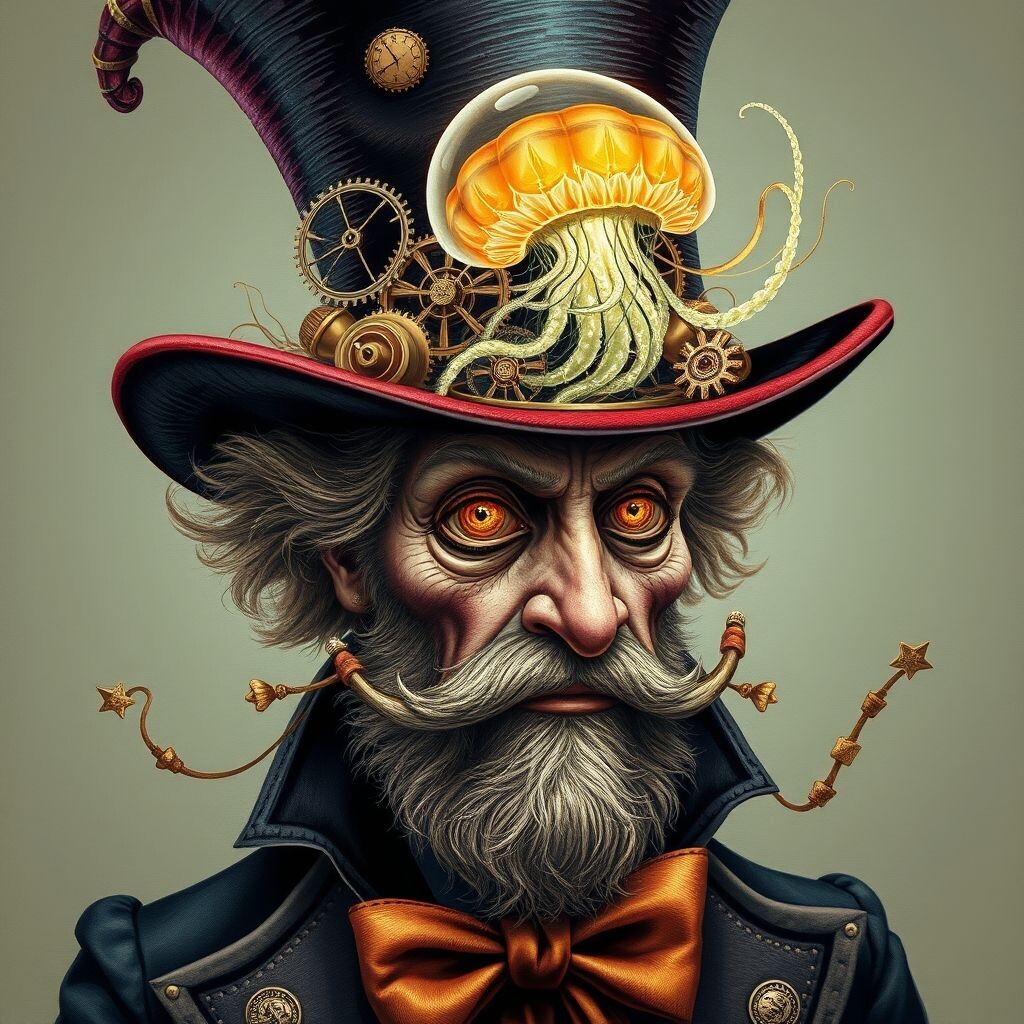 (Masterpiece:.1.8, Oil Painting: 1.5, Ultra Detail:1.5, digital art:1.2). (Portrait close-up (the Mad Hatter in the fantastic mad hat)): (gears), (clockwork:1.5), (brass…