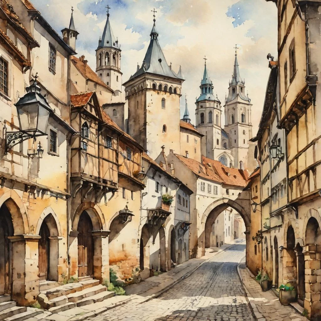 Watercolor in partial shade on old paper, streets of a medieval European city. Monastery, towers, houses. Stylish engraving. — работа пользователя Изящная Турбина