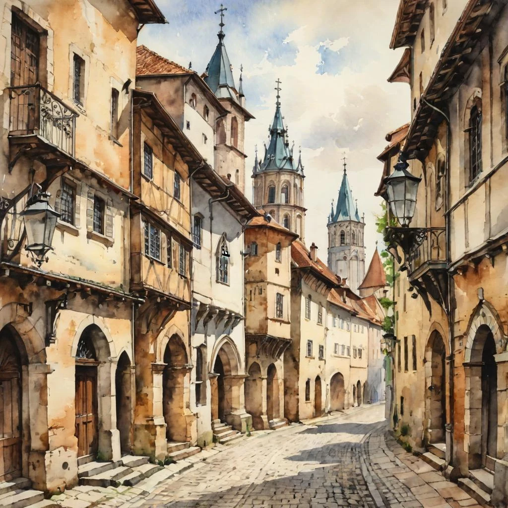 Watercolor in partial shade on old paper, streets of a medieval European city. Monastery, towers, houses. Stylish engraving. — работа пользователя Изящная Турбина