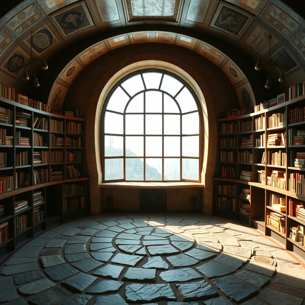 комната мага, круговая, без окон, стеллажи из книг, по середине каменный пол — работа пользователя Суперсильная Саламандра