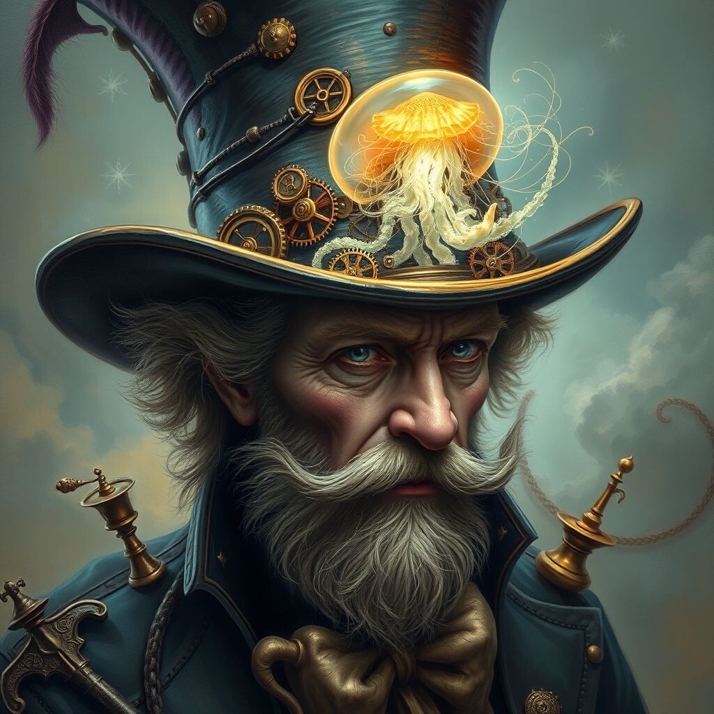 (Masterpiece:.1.8, Oil Painting: 1.5, Ultra Detail:1.5, digital art:1.2). (Portrait close-up (the Mad Hatter in the fantastic mad hat)): (gears), (clockwork:1.5), (brass…