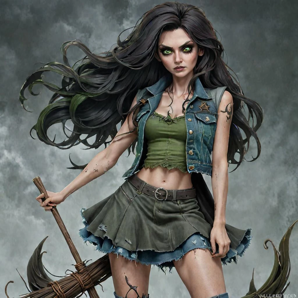 Beautiful three-dimensional drawing. a dark-haired witch with long wavy hair. in a short denim skirt and a denim vest, and in a dark green T-shirt, with graceful full-length…