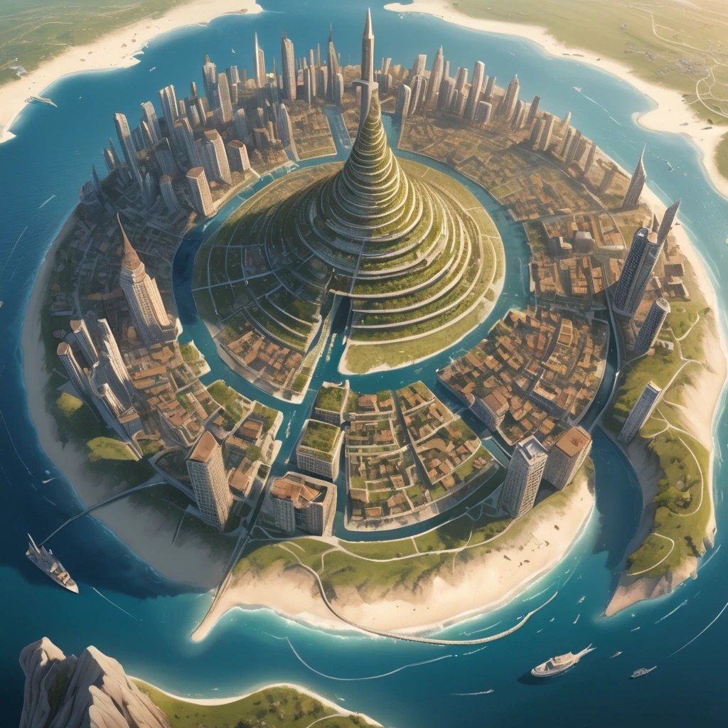 Основная сцена: A majestic spiral city-island, aerial view, intricate map style. The city is built on a conical mountain, surrounded by a vast, flat sandy coastal plain. The…