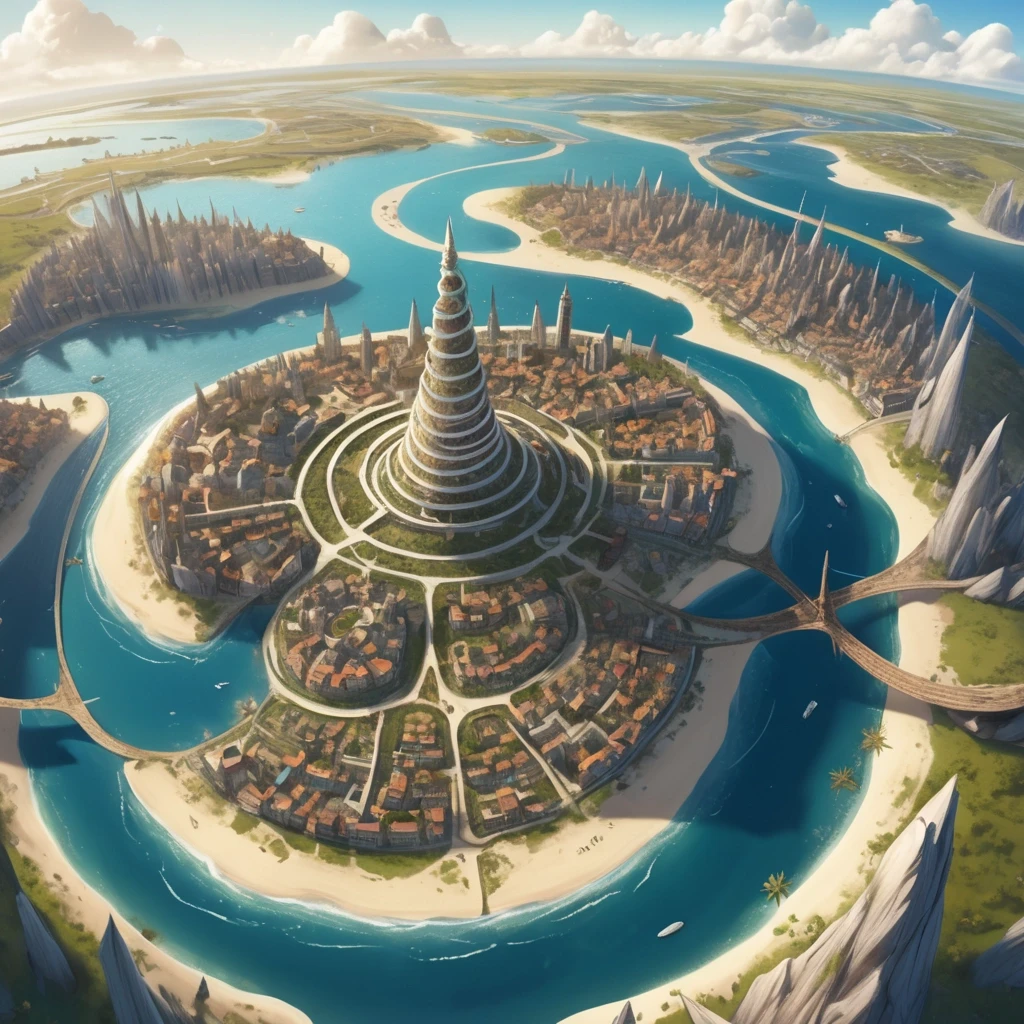 Основная сцена: A majestic spiral city-island, aerial view, intricate map style. The city is built on a conical mountain, surrounded by a vast, flat sandy coastal plain. The…