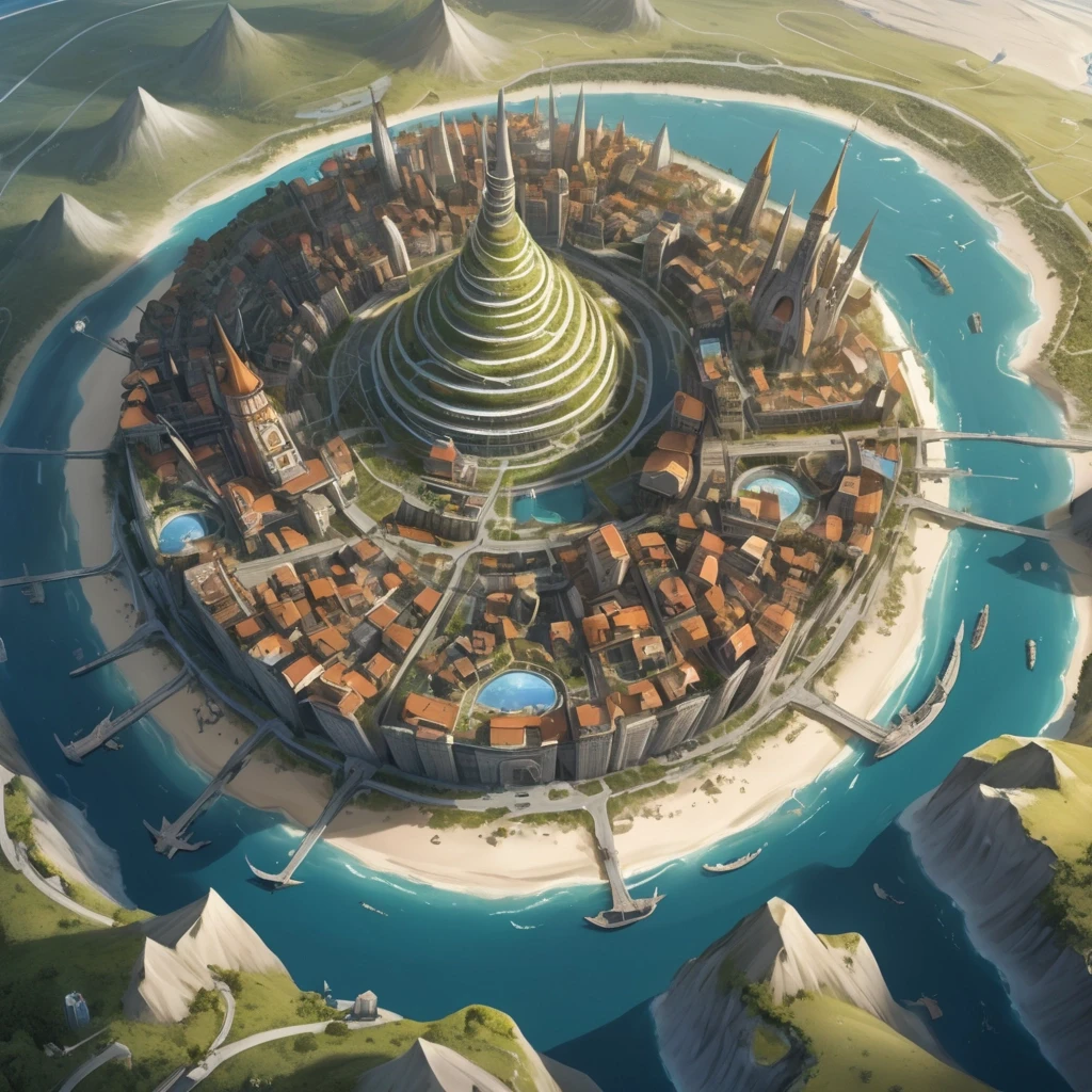 Основная сцена: A majestic spiral city-island, aerial view, intricate map style. The city is built on a conical mountain, surrounded by a vast, flat sandy coastal plain. The…