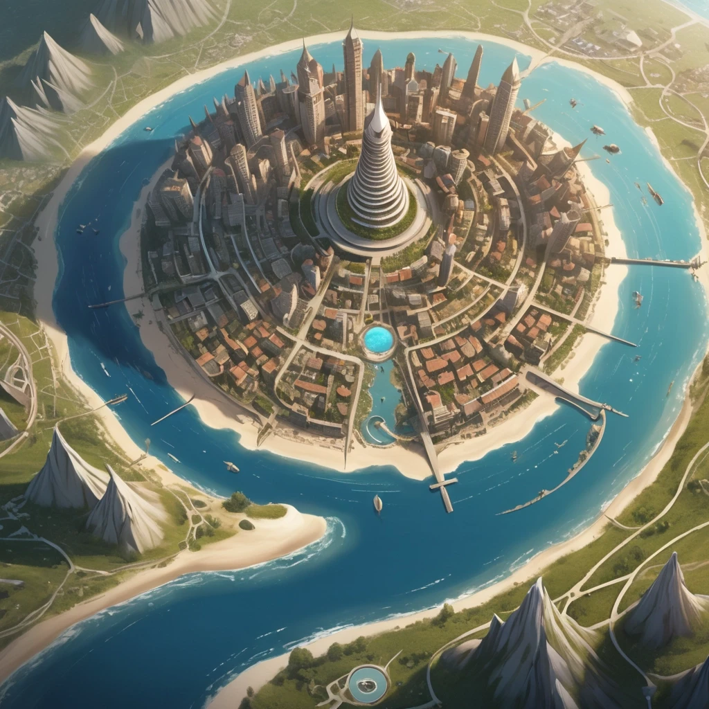 Основная сцена: A majestic spiral city-island, aerial view, intricate map style. The city is built on a conical mountain, surrounded by a vast, flat sandy coastal plain. The…