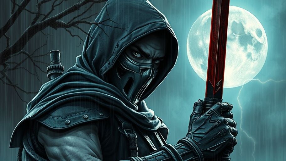 An epic image in the style of Cyberpunk fantasy. A spectacular outfit, drawing details and contours, drawing eyes, a stern determined look, a beautiful mask on his face in the…