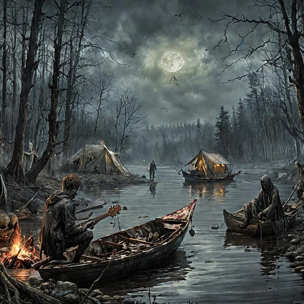 Young people, tourists, relax by the campfire on the river. They play the guitar. A boat and tents are in the background. It's a beautiful drawing. lots of details,…