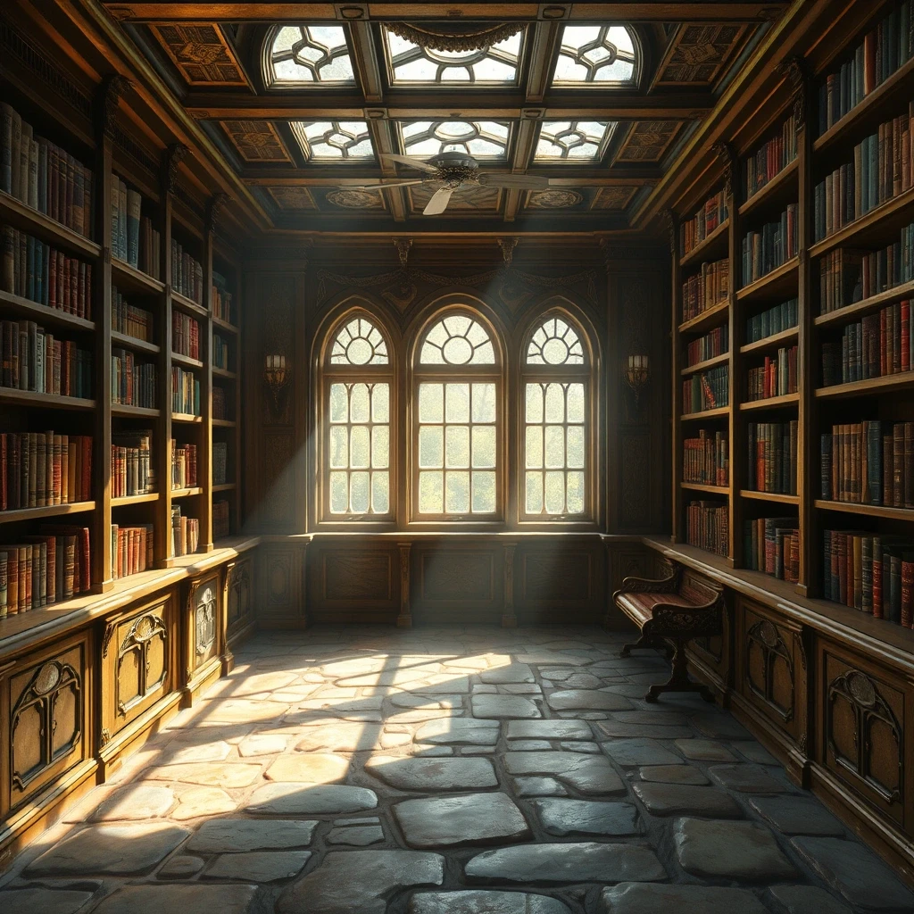 комната мага, стеллажи из книг, по середине каменный пол — работа пользователя Суперсильная Саламандра