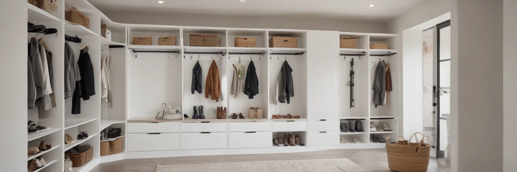 Floor-to-ceiling built-in hallway closet, matte white doors with recessed handles, open section showing baskets for gloves/keys, vertical shoe storage system, floating…