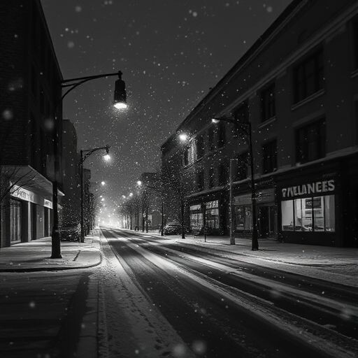 a black and white photo of a snowy night, inspired by roger deakins, video, atmosphere hyperrealistic, backscatter orbs, empty streetscapes — работа пользователя Коралловый…