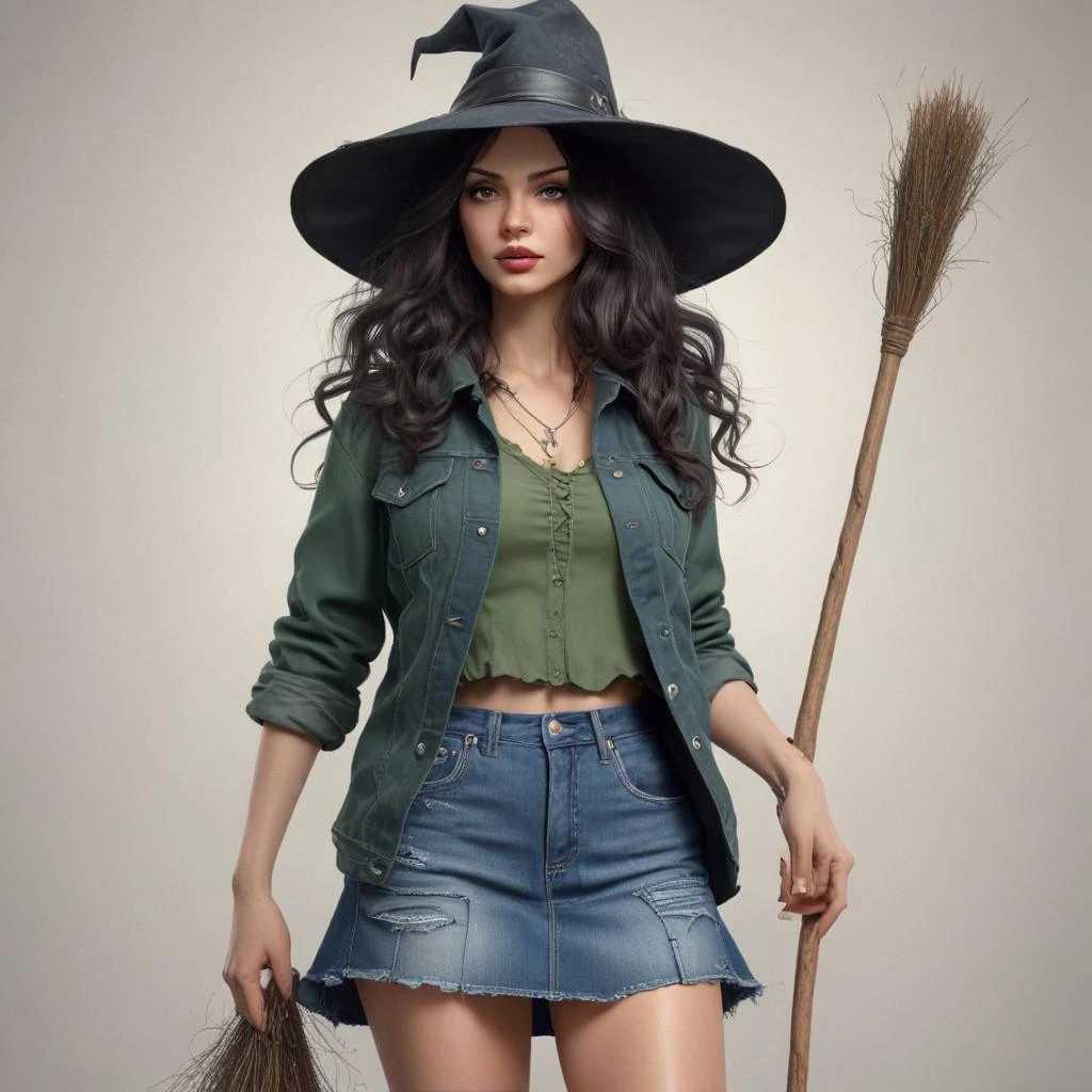 Beautiful three-dimensional drawing. a dark-haired witch with long wavy hair. in a short denim skirt and a denim vest, and in a dark green T-shirt, with graceful full-length…
