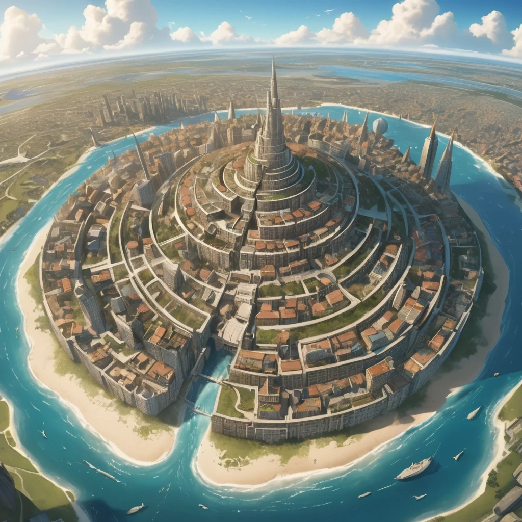 Основная сцена: A majestic spiral city-island, aerial view, intricate map style. The city is built on a conical mountain, surrounded by a vast, flat sandy coastal plain. The…