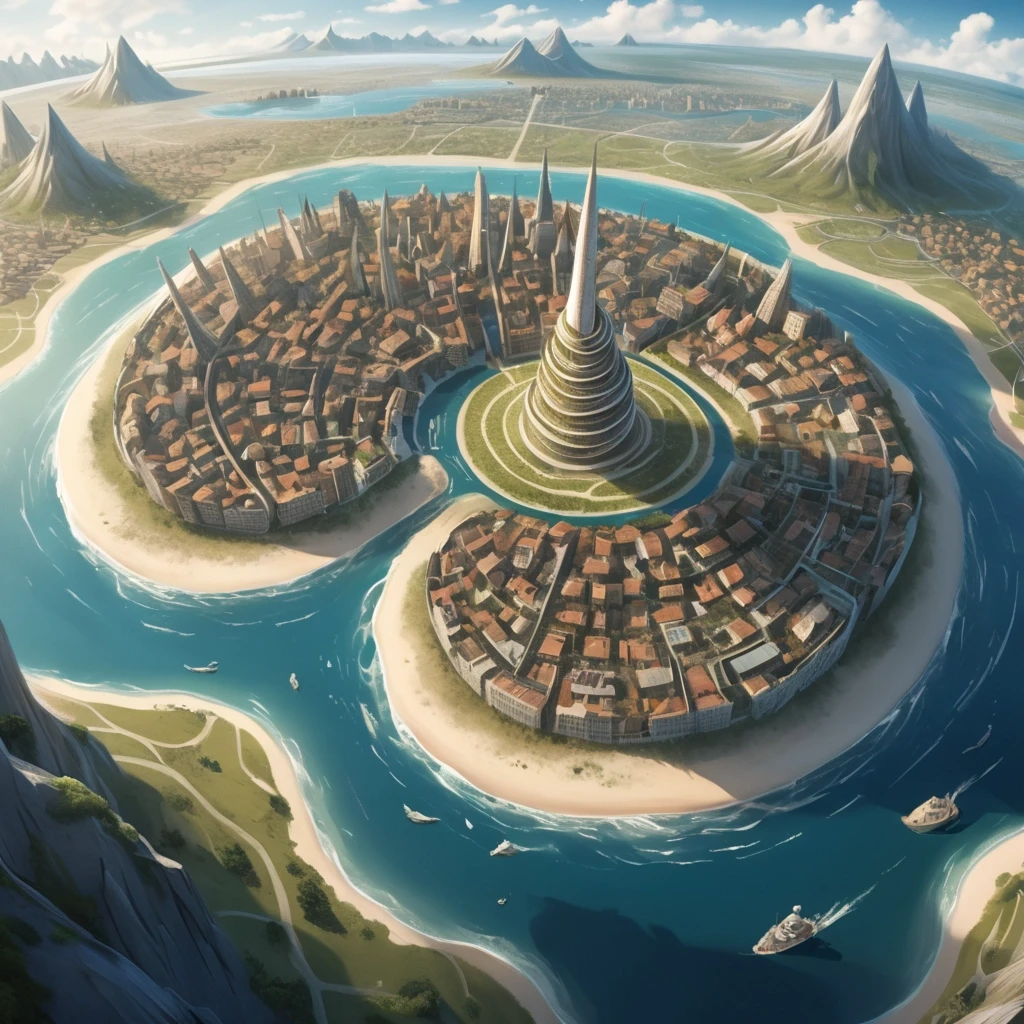 Основная сцена: A majestic spiral city-island, aerial view, intricate map style. The city is built on a conical mountain, surrounded by a vast, flat sandy coastal plain. The…