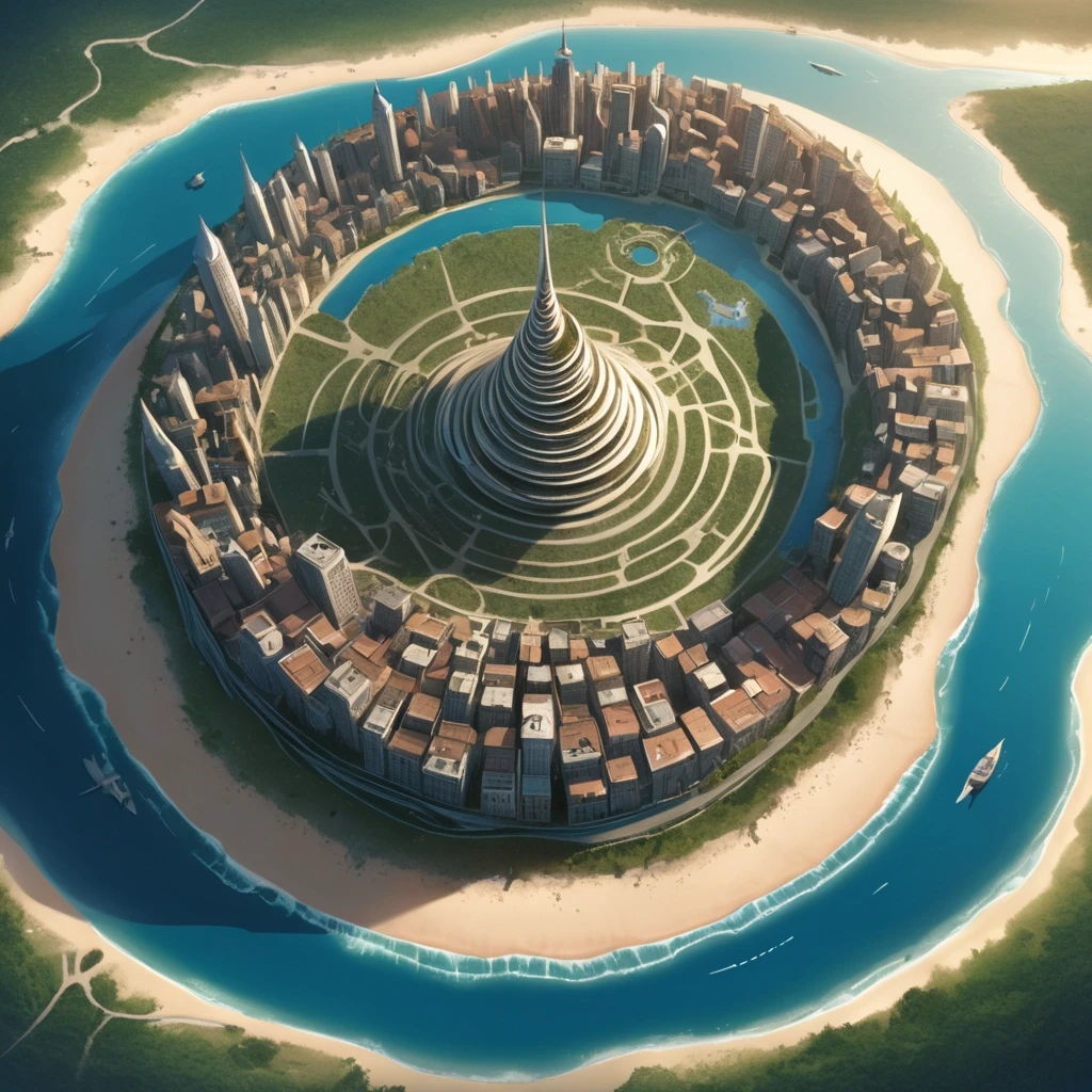 Основная сцена: A majestic spiral city-island, aerial view, intricate map style. The city is built on a conical mountain, surrounded by a vast, flat sandy coastal plain. The…