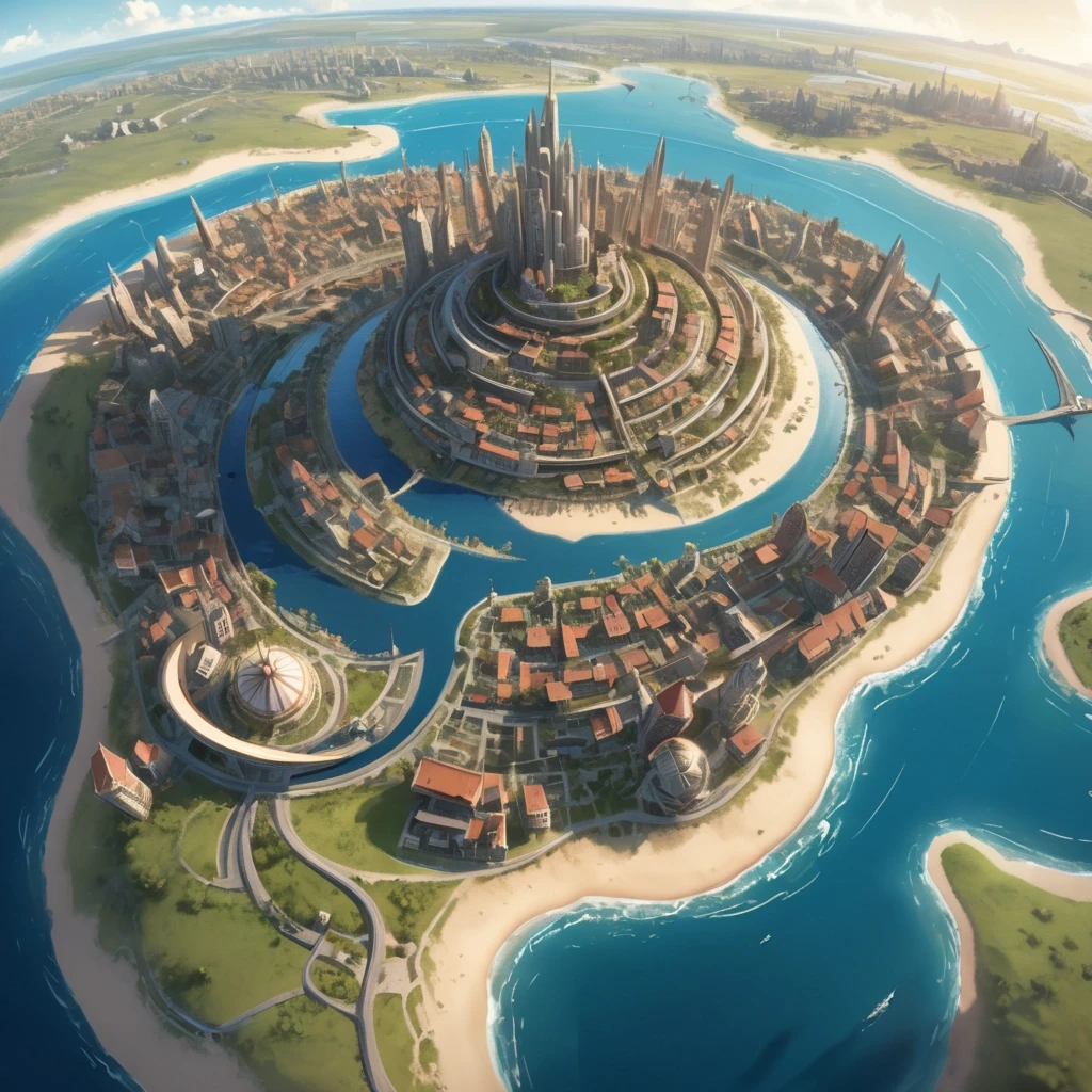 Основная сцена: A majestic spiral city-island, aerial view, intricate map style. The city is built on a conical mountain, surrounded by a vast, flat sandy coastal plain. The…