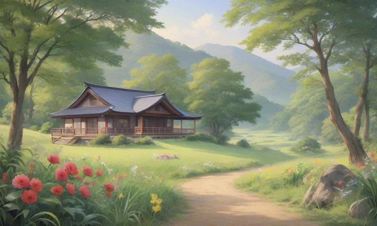 (Anime art:1.5) Early summer, japan country landscape in morning light, fairytale atmosphere — работа пользователя Неземная Песня