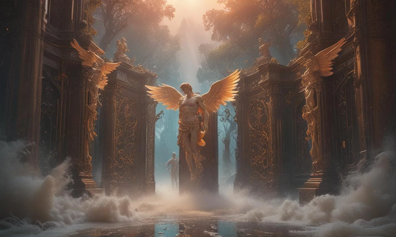 A masterpiece, energetic, vibrant full-color in the style of the 1980s, angel bannish from heaven, art by Michelangelo Buonarroti, Mikko Lagerstedt, and Dan Mumford, fantasy…