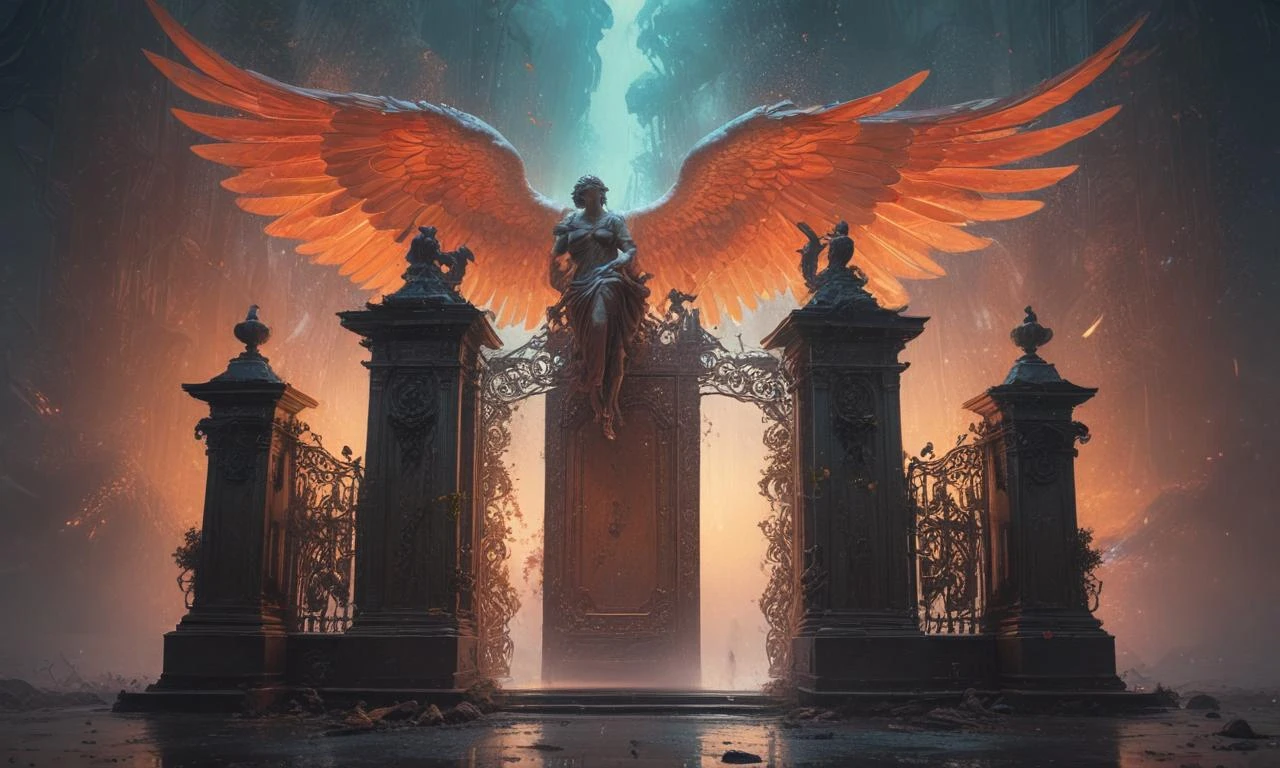 A masterpiece, energetic, vibrant full-color in the style of the 1980s, angel bannish from heaven, art by Michelangelo Buonarroti, Mikko Lagerstedt, and Dan Mumford, fantasy…