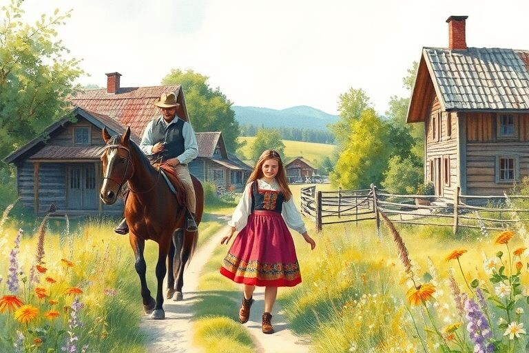 красивая летняя природа России написанная акварелью, русская деревня, девушка в национальном русском наряде идёт с коромыслом — работа пользователя Радостная Трансмутация