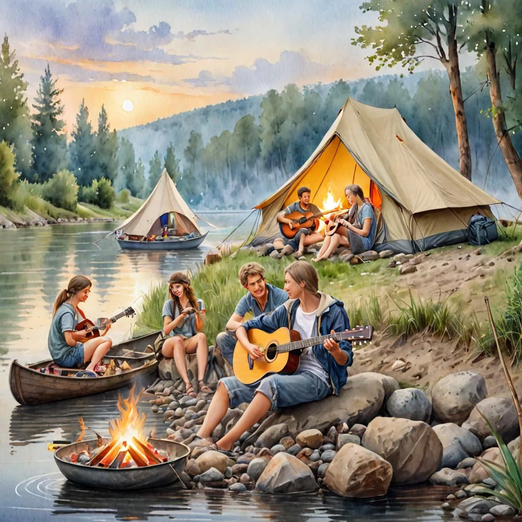 Young people, tourists, relax by the campfire on the river. They play the guitar. A boat and tents are in the background. It's a beautiful drawing. lots of details,…