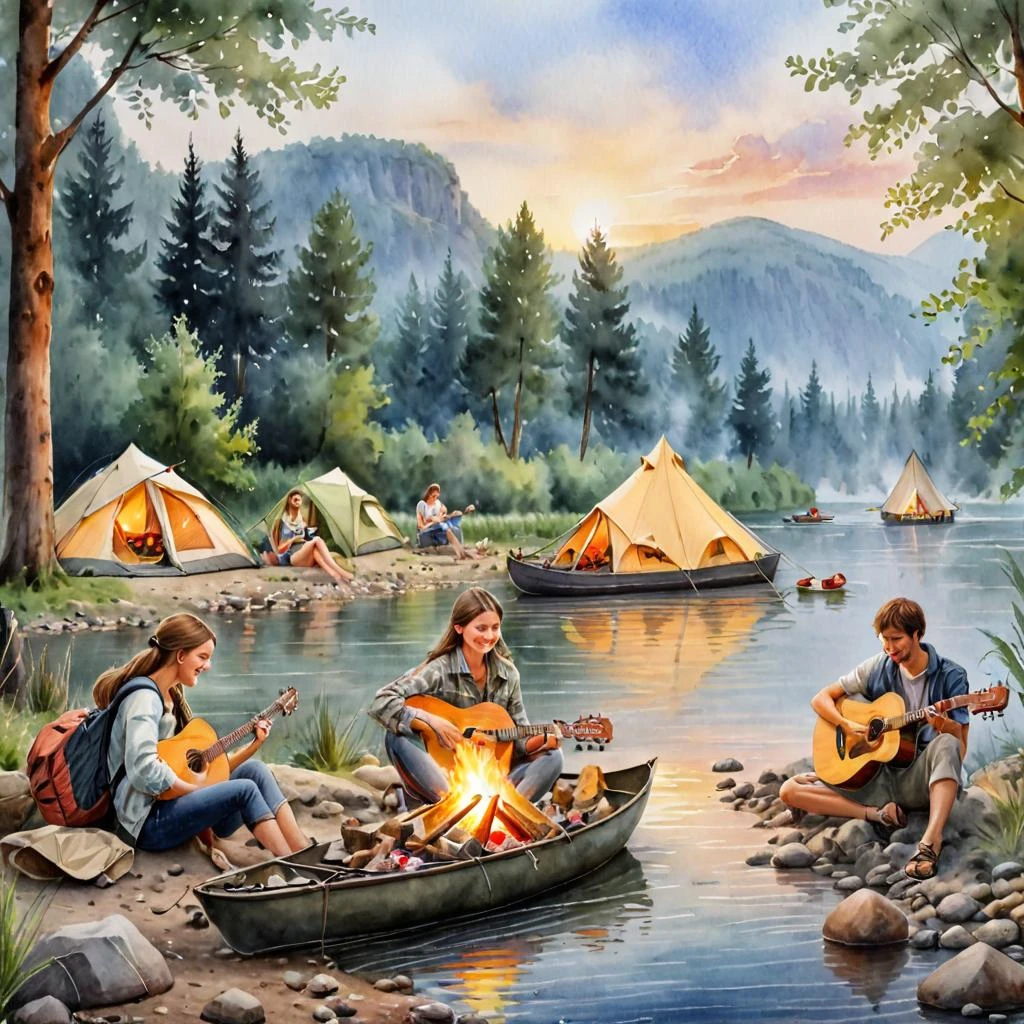Young people, tourists, relax by the campfire on the river. They play the guitar. A boat and tents are in the background. It's a beautiful drawing. lots of details,…