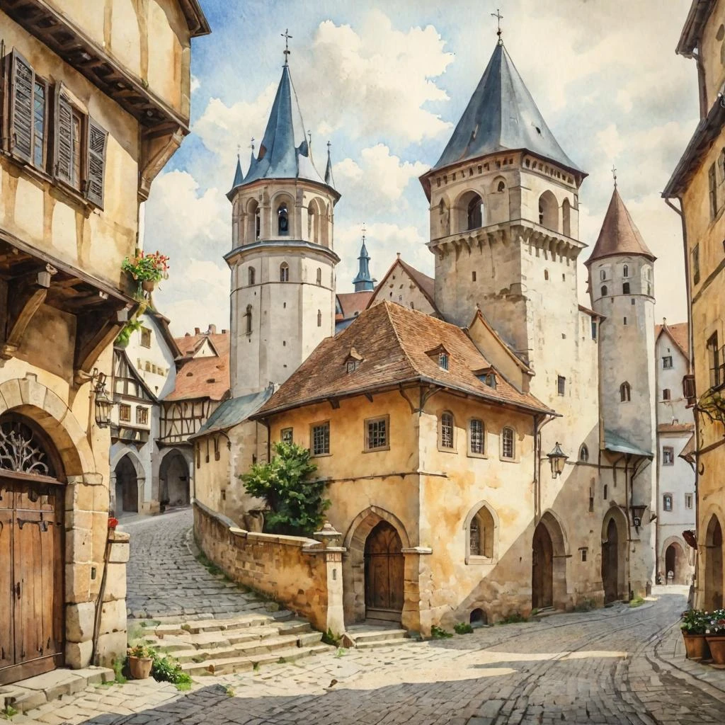 Watercolor in partial shade on old paper, streets of a medieval European city. Monastery, towers, houses. Stylish engraving. — работа пользователя Изящная Турбина