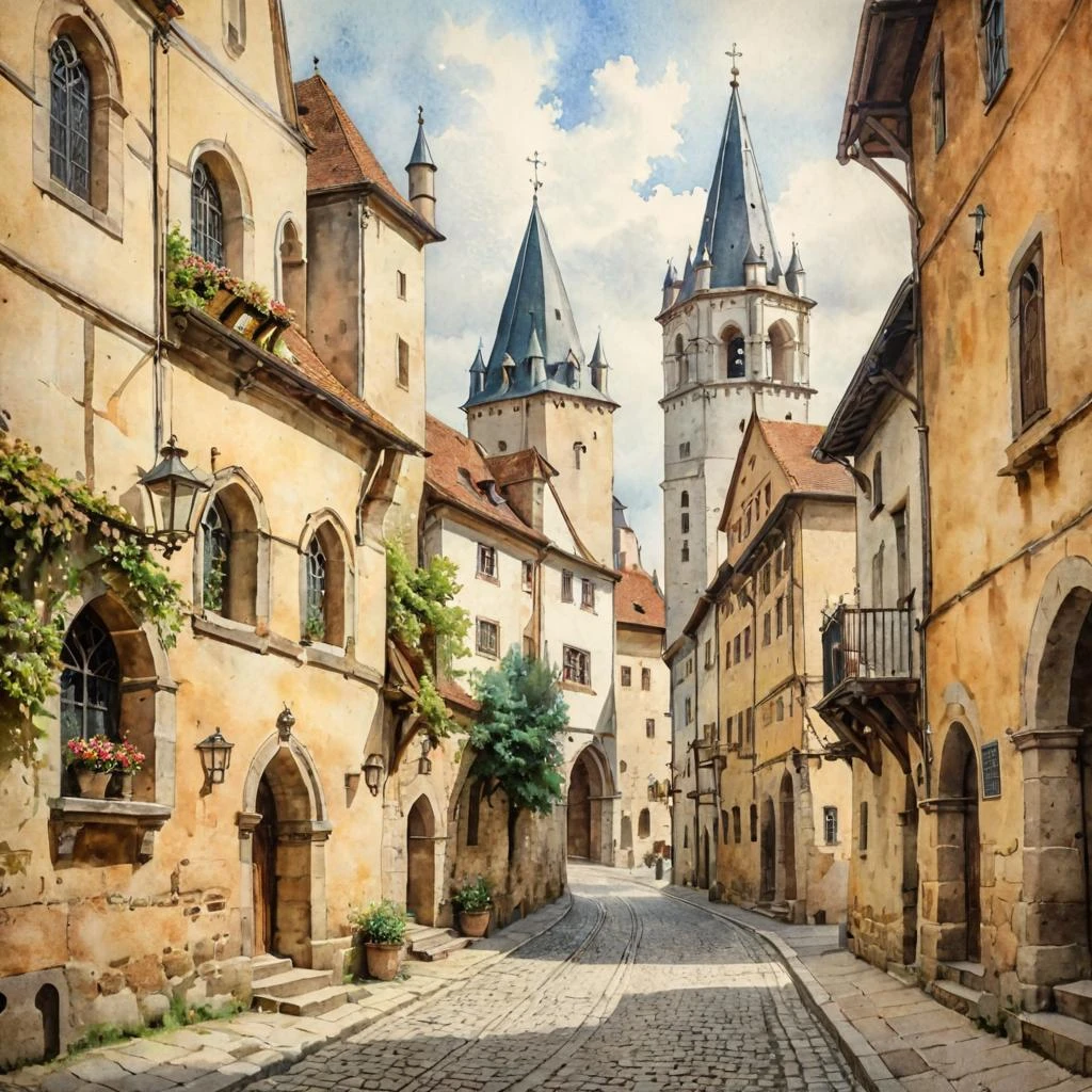 Watercolor in partial shade on old paper, streets of a medieval European city. Monastery, towers, houses. Stylish engraving. — работа пользователя Изящная Турбина