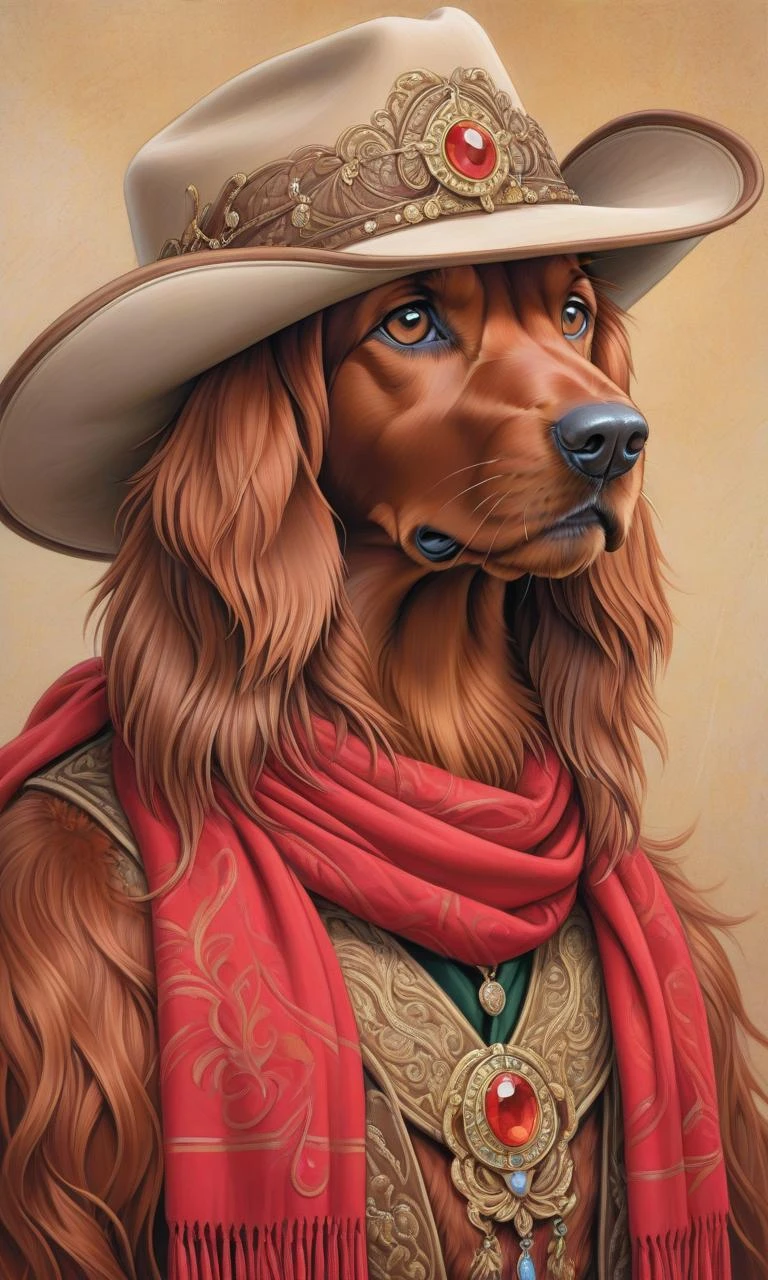 An oil painting and a voluminous soft pencil, a stunning Portrait of a Irish setter in a cowboy hat with a red scarf around his neck, drawing details, smooth contours and an…