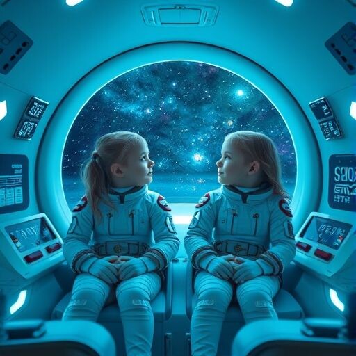 две одинаковые девочки сидят в космическом корабле — работа пользователя Сверхмощная Энергия