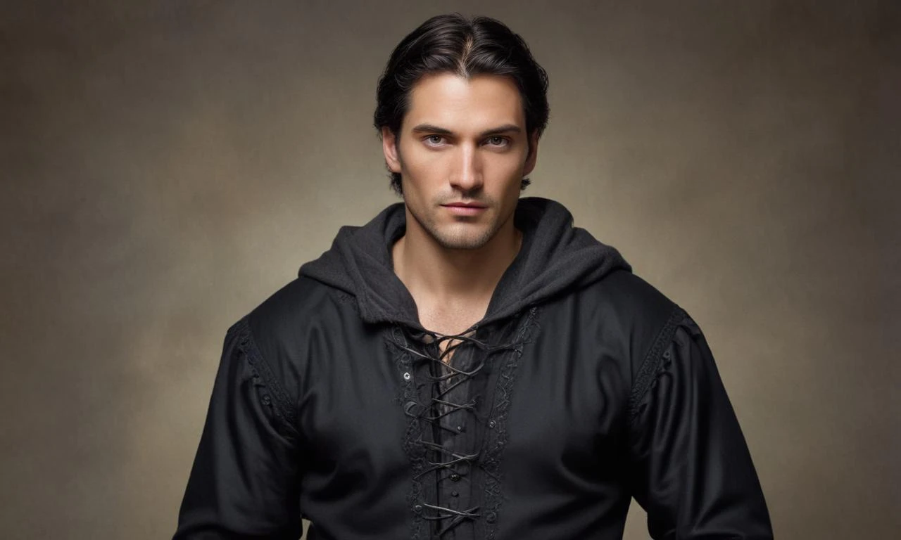 Realistic full-body length photograph of a medieval handsome tall man between the ages of 35 and 40, strong-willed face, dark-haired man with noble gray hair, expressive gray…