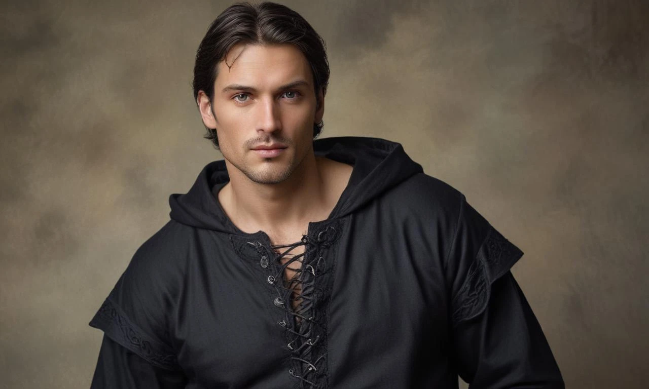Realistic full-body length photograph of a medieval handsome tall man between the ages of 35 and 40, strong-willed face, dark-haired man with noble gray hair, expressive gray…