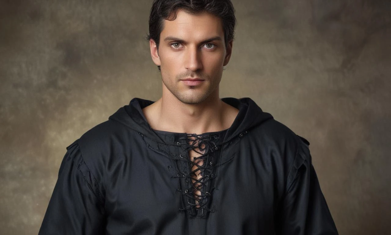 Realistic full-body length photograph of a medieval handsome tall man between the ages of 35 and 40, strong-willed face, dark-haired man with noble gray hair, expressive gray…