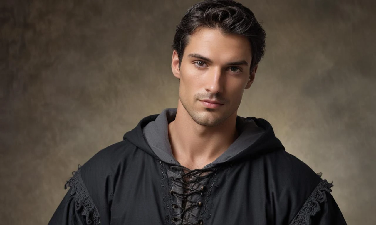 Realistic full-body length photograph of a medieval handsome tall man between the ages of 35 and 40, strong-willed face, dark-haired man with noble gray hair, expressive gray…