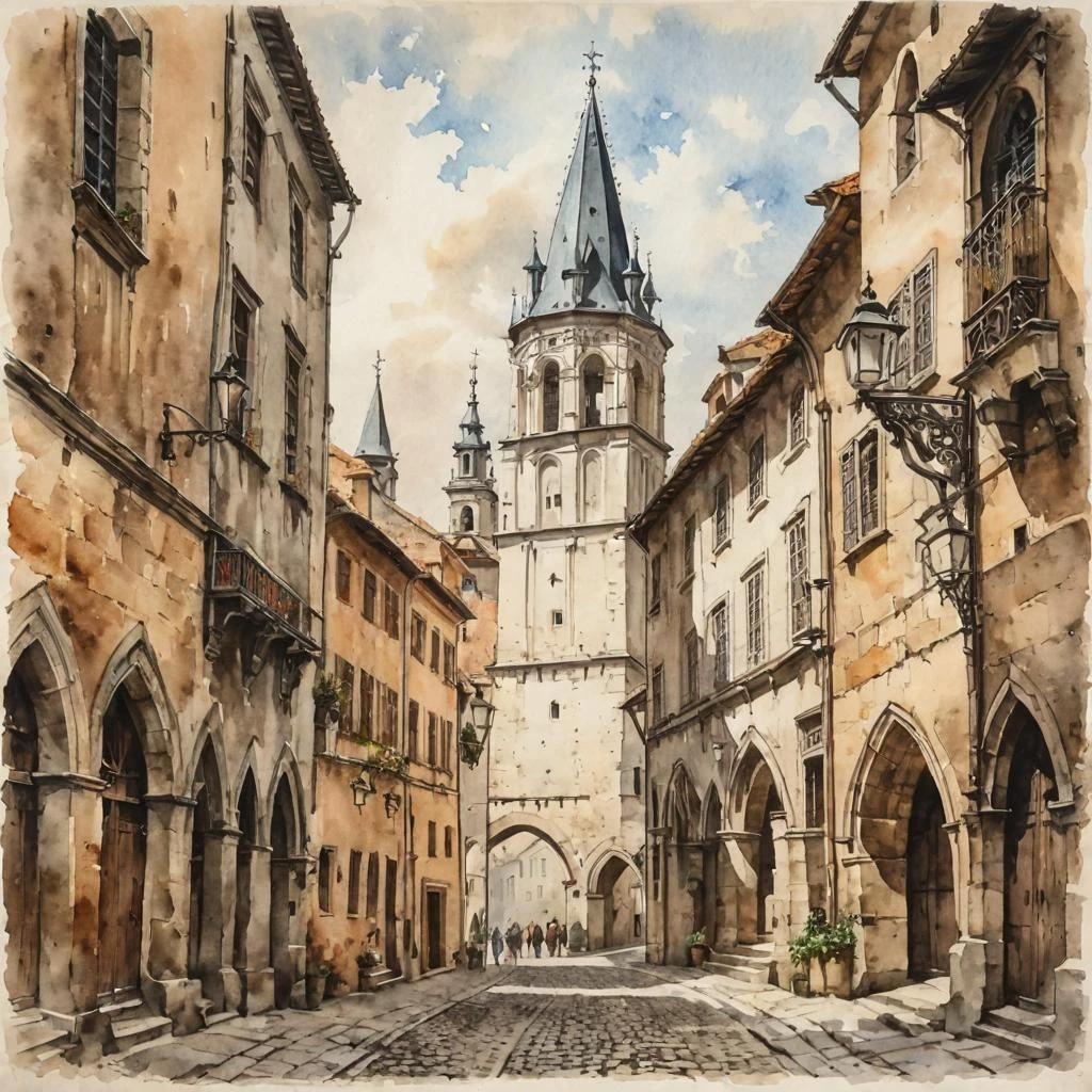Watercolor in partial shade on old paper, streets of a medieval European city. Monastery, towers, houses. Stylish engraving. — работа пользователя Изящная Турбина