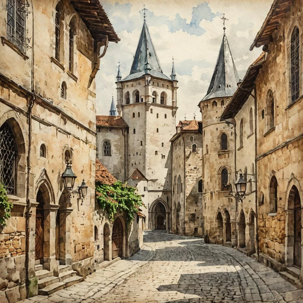 Watercolor in partial shade on old paper, streets of a medieval European city. Monastery, towers, houses. Stylish engraving. — работа пользователя Изящная Турбина