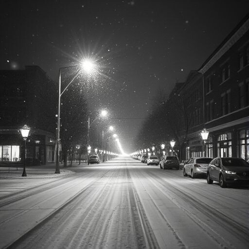a black and white photo of a snowy night, inspired by roger deakins, video, atmosphere hyperrealistic, backscatter orbs, empty streetscapes — работа пользователя Коралловый…
