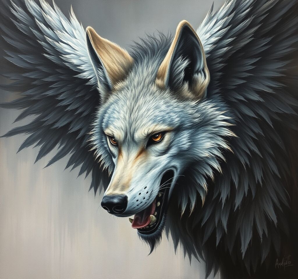 A living image from Slavic legends: The Winged Wolf Semargl. Three-dimensional pencil + Acrylic, drawing details with a helium pen, drawing details and contours, color depth,…