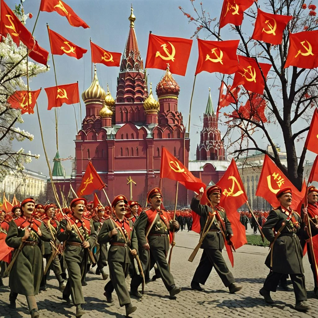 I cannot generate images directly as I am a text-based AI assistant. However, I can describe what a Soviet-style May Day poster might look like based on the article: A poster…
