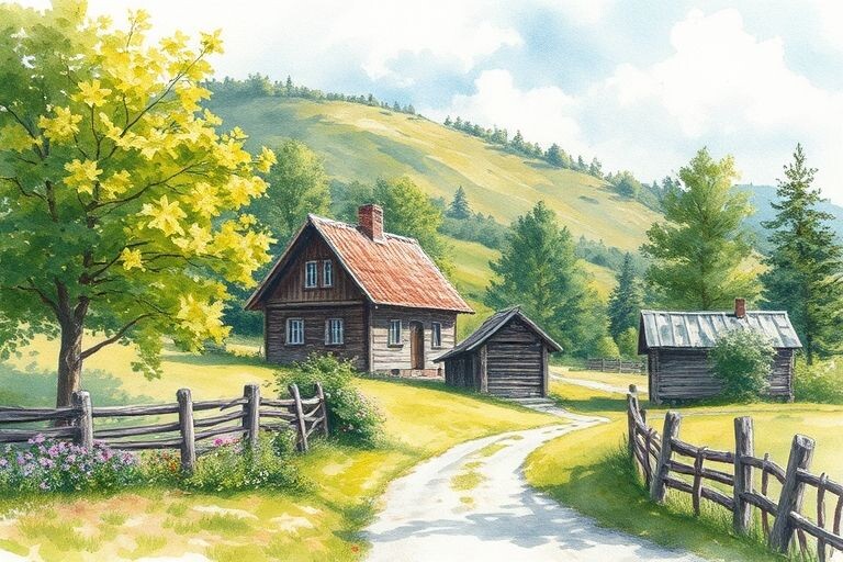 красивая летняя природа России написанная акварелью, русская деревня — работа пользователя Радостная Трансмутация
