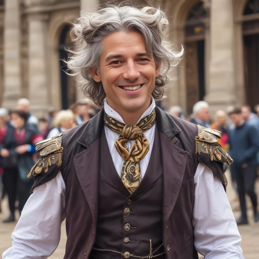 man between the ages of 35 and 40, brunette with noble gray hair at the temples a buffoon, a trickster, with shoulder-length hair, in clownish bright flowing steampunk clothes,…