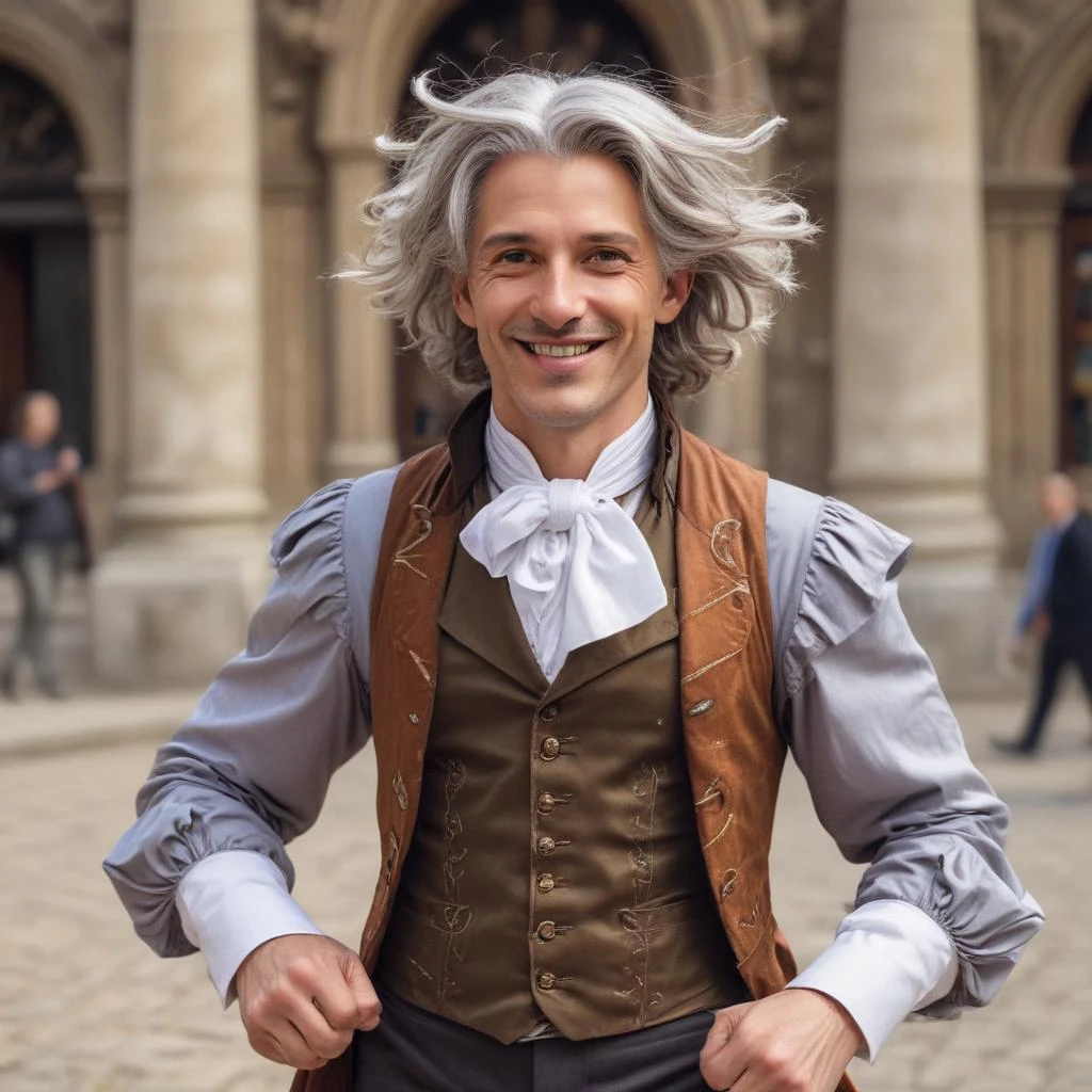 man between the ages of 35 and 40, brunette with noble gray hair at the temples a buffoon, a trickster, with shoulder-length hair, in clownish bright flowing steampunk clothes,…
