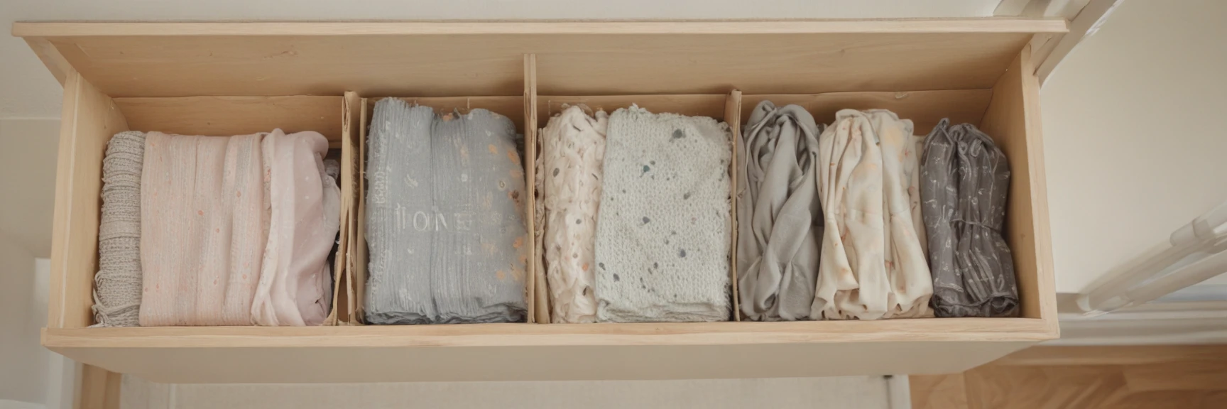 Overhead shot of organized hallway decluttering, three labeled boxes ("Keep", "Donate", "Trash"), neat stack of folded scarves, minimalist shoe…