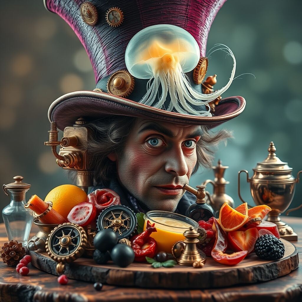 (Masterpiece:.1.8, Oil Painting: 1.5, Ultra Detail:1.5, digital art:1.2). (Portrait close-up (the Mad Hatter in the fantastic mad hat)): (gears), (clockwork:1.5), (brass…